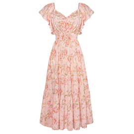 GRACE KARIN Womens 2025 Floral Summer V-Neck Ruffle Sleeve Empire Waist A-Line Casual Maxi Tiered Dress with Pockets Pink XL