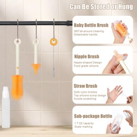 Baby Bottle Brush 7in1 Travel Bottle Cleaner kit with Bottle Brush,Nipple Brush,Straw Cleaner Brush,Soap Dispenser,Bottle Drying Rack,Drainage Tray,Storage Box,Baby Travel Essential (White)