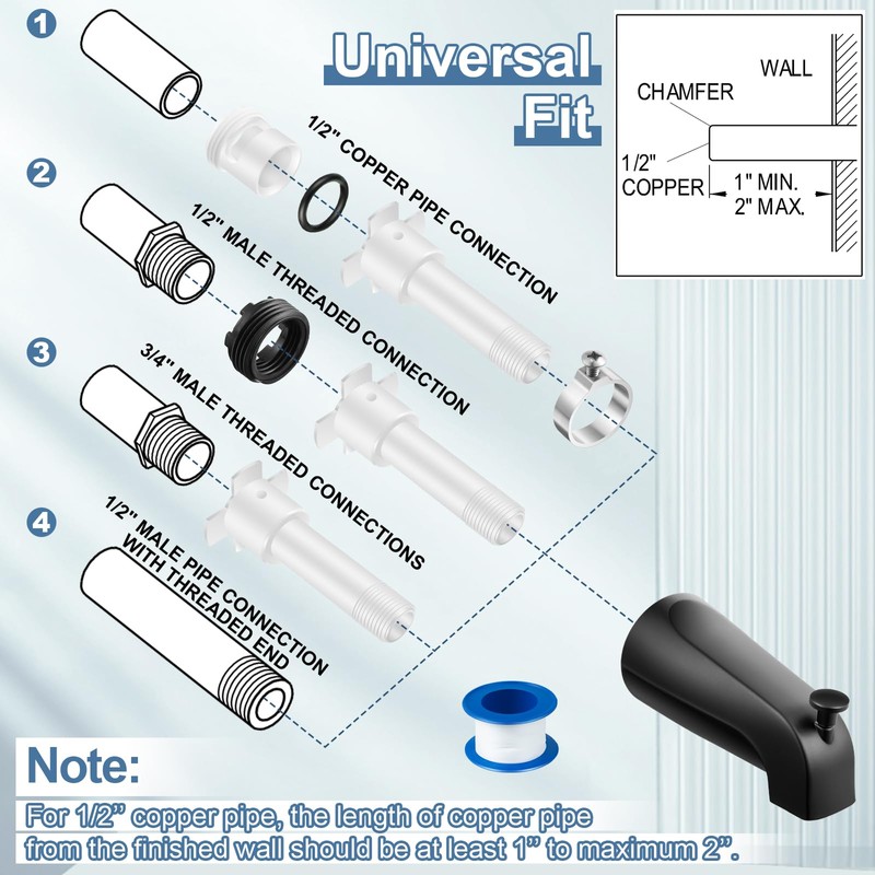 Enhon Tub Spout, Universal Fits 1/2'' Copper Pipe, 1/2'' IPS