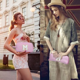 Yintry Makeup Bag Set Organizer Cotton Letter Cosmetic Pouch Large Capacity Travel Toiletry Bag Women Girls Birthday Gifts Portable Brush Storage Bag with Divider and Handle