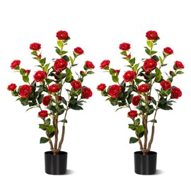 zylwtsntkn Artificial Camellia Tree 2 Pack, Artificial Plants Outdoor Faux Floral Plant in Cement Pot Fake Red Silk Camellia Tree Plants for Home House Living Room Office Decor (Red (2 Pack))