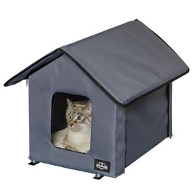 Heated Cat House - Double-Door Cat Bed with Zippered Roof, Pet Heating Pad, and Sherpa Cover - for Garage, Porch, Barn, or Basement by PETMAKER (Gray)