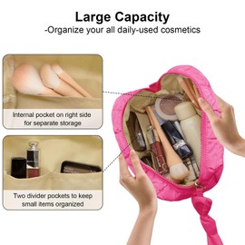 LJCZKA Puffy Quilted Makeup Bag for Women,Cute Checkered Zipper Bag Pouch,Travel Essential Large Makeup Pouch Portable Aesthetic Make up Bag Organizer Bag Women Girls (Rose)