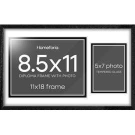 Homeforia 11x18 Black Diploma Frame with Photo, High End Oak 11 x 18 Certificate Wood Frame with Mat 8.5x11 Diploma and 5x7 Picture, 11 by 18 Wooden Document Frames, Tempered Glass, Wall Kit, Set of 1