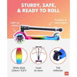 BOLDCUBE Big Fold | Three Wheel Scooter for Children Ages 5-10 Years | LED Wheels with Flashing Lights | Height Adjustable 65 to 89 cm | Rear Reflectors
