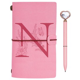 Initials PU Leather Notebook with Pen, Pink Refillable Diary for Women Girls, Travel Diary Sketchbook Notebook Gift for Girlfriend Sisters Teacher Graduation Birthday Christmas