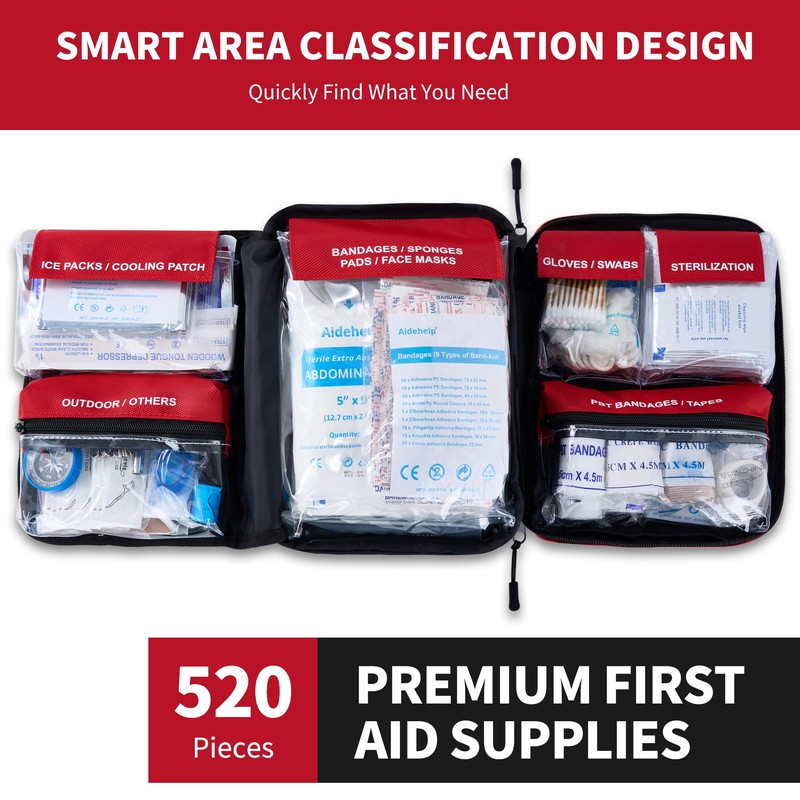 520 Pieces Premium First Aid Kit - Large Emergency Medical