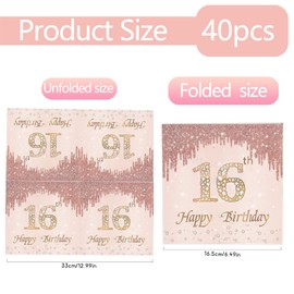 40 Stück Servietten 16 Geburtstag Mädchen,16.5 x 16.5 cm Happy Birthday Servietten,Roségold Papier Geburtstagsservietten Tischdekoration für 16. Geburtstag Mädchen Frau Frauen. (16th)