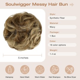Soulwigger Messy Bun Hair Piece Wavy Curly Scrunchies Fluffy Donut Thick Updo Elegant Chignon Hairpieces for Women Girls, Ash Blonde Mix Ginger Brown 1.4oz
