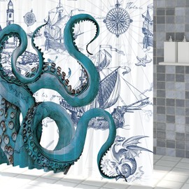 ZJRBJB Blue Nautical Octopus Shower Curtain Funny Ocean Pirate Map Shower Curtain Set Coastal Sailboat Adventure Bathroom Shower Curtain Waterproof Polyester Fabric with 12 Hooks,72x72 inches