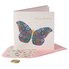 NIQUEA.D Happy Birthday Card, Flower Butterfly, Rhinestones (NB-0005), (5.25" x 5.25") Square
