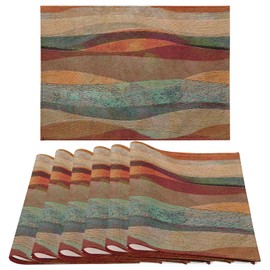 Placemats Set of 6, Southwest Arizona Travertine Sandstone Non Slip Heat Resistant Linen Cloth Place Mats, Turquoise Stripes Washable Holiday Party Dining Table Mat for Farmhouse Home Kitchen Decor