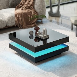 LED Coffee Table Modern High Gloss Cocktail End Table with 16-Color LED Lights, 2-Tier Square Coffee Table,Center Table for Living Room (Black)
