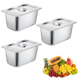 Bocguy Breading Bowls Set of 3, GN 1/9 Container, Breading Tray, Gastronorm Container, Stainless Steel with Lid, Dishwasher, Freezer for Cheese, Meat, Silver, 17.5 x 11 x 10 cm