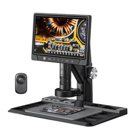 SZJMS 10.1" Digital Microscope 1600X, IPS Touch Screen Coin Microscope, 1080P 12MP Soldering Microscope with 30 Adjustable LED Lights, Parfocal Lens, Wireless Remote Control, PC Compatible