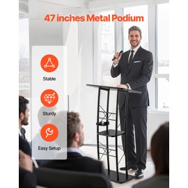 VEVOR Podium Stand, 47-Inch Metal Lectern, Curved Standing Podium with Wide Reading Surface, Open Storage Compartment, Book Stopper, Cup Holder, for Classroom, Wedding, Conference, Speech, and Concert