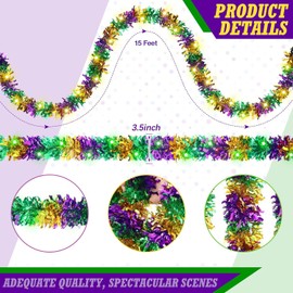 50FT Mardi Gras Tinsel Garland Decorations, Purple Green Gold Mardi Gras Metallic Tinsel Twist Garland for Mardi Gras Hanging Decorations Carnival Party Supplies