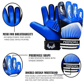 WEMORA Soccer Goalkeeper Goalie Gloves for Kids Youth Adult and Extra Grip Friendly Elastic Wrist Professional Goalie Training Gloves (Blue, Size 4 Suitable for 6 to 9 Years Old, Ambidextrous)