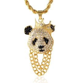 Halukakah Gold Chain for Men Iced Out,18k Real Gold Plated Crown Panda Pendant Necklace,Full Cz Lab Diamonds Prong Set,with Rope Chain 24",FREE Giftbox