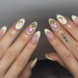 Hkanlre Yellow Fake Nails Tips Flower Press on Nails Medium Full Cover Almond False French Nails for Women 24PCS