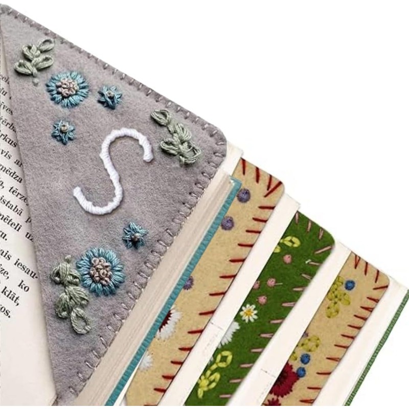 Hand Embroidered Corner Bookmark Set, 2 Pack, Felt Triangle Design