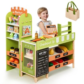 labebe Pretend Grocery Store Playset for Kids,Wooden Supermarket Toy Set with Cash Register,Play Food Accessories Store Set Suit Gift for Toddler Boys Girls