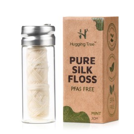 HUGGING TREE Natural Silk Dental Floss with Glass Dispenser | PFAS Free Dental Floss | Zero Waste Biodegradable | Mint (33 Yards)