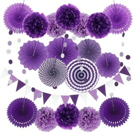 Purple Party Decoration Paper Pompoms, Hanging Fans, Triangular Bunting and Hanging Glitter Dot Paper Garland for Party, Wedding, Birthday, Graduation, Decoration, Christmas, Carnival, Pack of 20