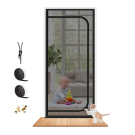 Upgraded Reinforced Pet Screen Door Thickened Cat Resistant Mesh Screen Door for Living Room, Bedroom, Patio, Dog Cat Scratch Proof Screen with Zipper Closure (Fits Door Size up to 35''x 80'', Black)