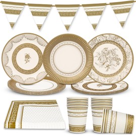 Talking Tables Gold and White Party Pack Decorations for 16 Guests Dinnerware Christmas Afternoon Tea Reversible Bunting Paper Plates Disposable Napkins Paper Cups Table Cover Mother`s Day Supplies