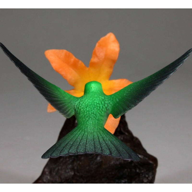 Hummingbird Sculpture w/Orange Flower by John Perry on Burl Wood