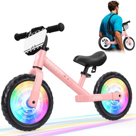 BELEEV C3 Kids Balance Bike for 2-6 Year Old, 12 inch Toddler Balance Bike with Light-Up Wheels, Carry Strap, Adjustable Handlebar & Seat, Carbon Steel Frame, Customize Plate, Ride-on Toy(Pink)