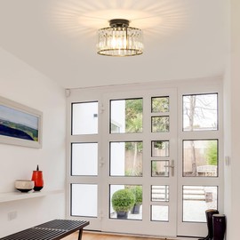 Crystal Ceiling Light Fixture, Modern Semi Flush Mount Ceiling Light, Black Close To Ceiling Light Fixtures, Crystal Chandelier Entryway Light, 11in Chandelier for Bedroom Porch Kitchen Living Room