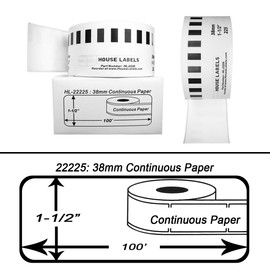 HOUSELABELS Compatible with DK-2225 Replacement Roll for Brother QL Label Printers; Continuous Length Labels; 1-1/2" x 100 feet (38mm30.48m) - 4 Rolls