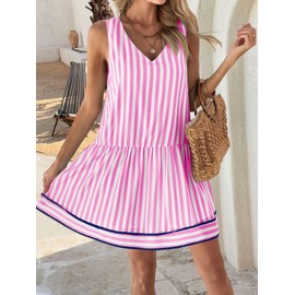 Wenrine Womens Casual Summer Dresses Sleeveless Tank Striped V Neck Loose Mini Dress Pink