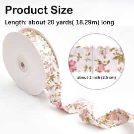 CABODYALS 18M 25mm Flower Print Wired Ribbon White Spring Floral Pattern Soft Double Sided Fabric Vintage Wavy Edge Polyester Ribbons with Spool for Sewing Making Craft Bouquet Gift Wrapping Wedding