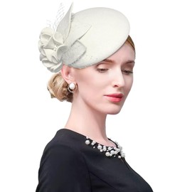 ELLYDOOR Wool Fascinator Pillbox Hat Winter British Wool Felt Hat for Women Wedding Church Hat Flower Fedoras Ivory,Ivory White,One Size