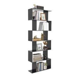 6-Tier Geometric Bookshelf Modern S-shaped Bookshelf Bookcase Freestanding Books Display Shelf Shelves White PVC Book Organizer Storage Shelf Case for Home Office Bedroom Living Room Dorm Decor, Black