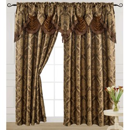 V Luxury Jacquard Curtain Panel with Attached Waterfall Valance, 54 by 84-Inch Ashley Light Brown