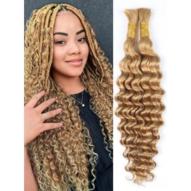 Unipearl Deep Curly Bulk Human Braiding Hair for Boho Braids 2 Bundles 55cm 22 Zoll 100g，#27 Honigblond Water Wave Haarverlängerung für Frauen Hair Extensions Echthaar