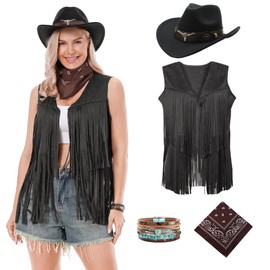 Dzorim Western Cowgirl Costume for Women Cowboy Tassel Vest for Women Hat Dress Bandana Bracelet (Black, M)