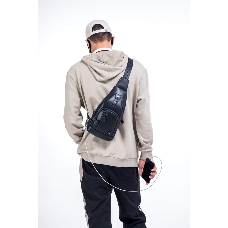 Leather Sling Bag Men Chest Shoulder Backpack Crossbody Bag with