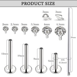 Boernfnso 16G Internal Thread Lip Piercing Jewelry Flat Back Studs Earrings 6mm 8mm 10mm 12mm Surgical Steel Lip Ring Medusa Labret Monroe Ashley Philtrum Piercing Jewelry For Women Men Nose stud