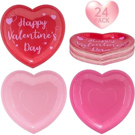 24 Pcs Happy Valentine's Day Plates - Red Pink Heart Shaped Paper Plates, Disposable Love Heart Dinner Dessert Plate Tableware for Valentines Day Anniversary Wedding Party Supplies, 7.5 x 7.5 Inch