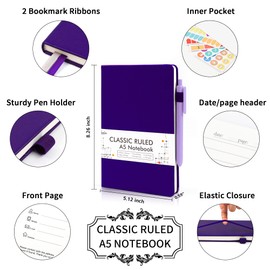 feela 12 Pack Notebooks Journals Bulk, Hardcover Notebook Classic Ruled Journal Set with Pen Holder for School Business Work Travel Writing, with 12 Black Pens, 120 GSM, 5.1”x8.3”, A5, Purple