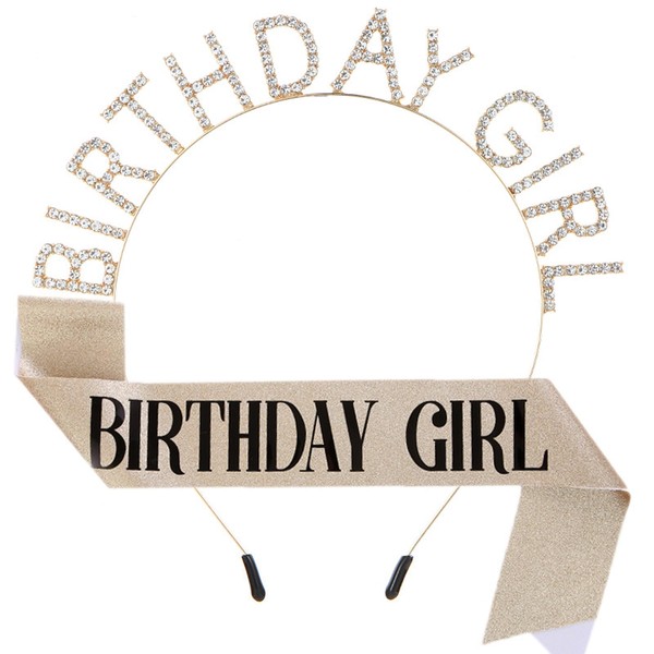 CHENGZI Mädchen Geburtstag Schärpe und Strass Tiara Set (Gold)