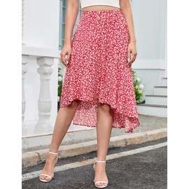 Women's Skirt Summer Long Floral Skirt A-line Elastic Waist Beach Skirt Elegant Ruffle Skirts, red, XL