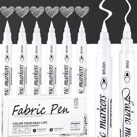 EFNHJF5 Pack of 6 White Textile Pens, Machine Washable, Dual Tip Fabric Markers, Permanent, Textile Markers, White, Fabric Pens, Washable Textile Markers, Non-Toxic Fabric Colouring Pens (White)