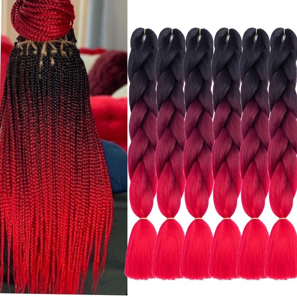 SHUOHAN 6 Packs Ombre Jumbo Braiding Hair Extensions 24 Inch High Temperature Synthetic Fiber Hair Extensions for Braiding (Black to Deep Red to Red)