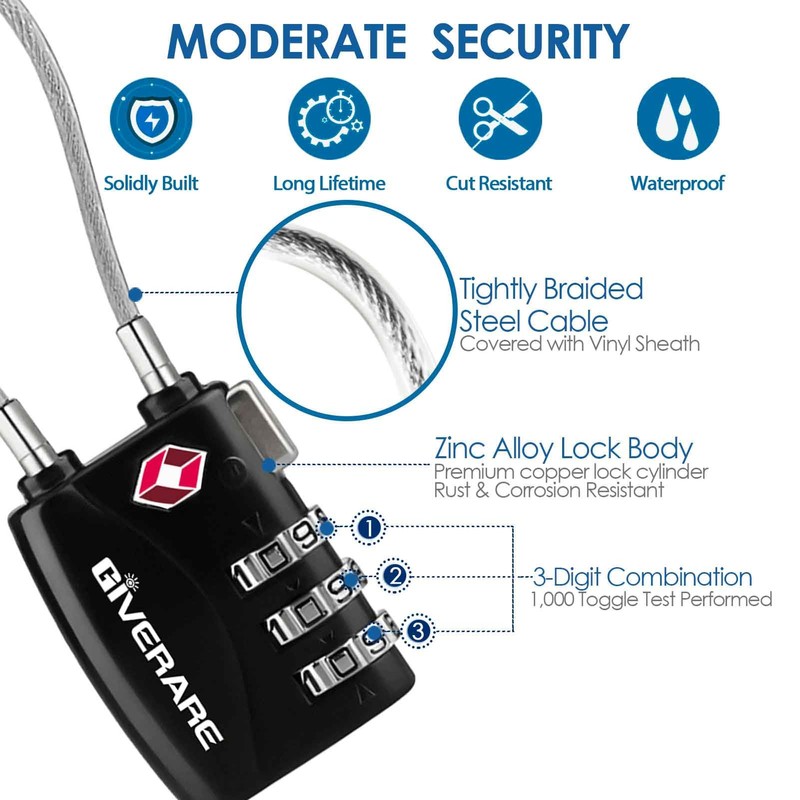 2 Pack TSA Approved Travel Luggage Locks, Long Cable Combination